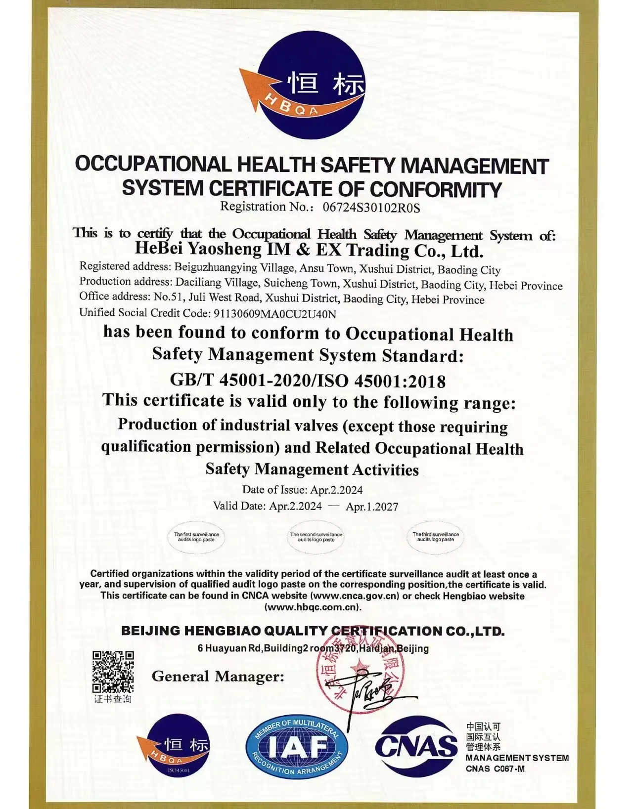 ISO职业健康管理证书英文