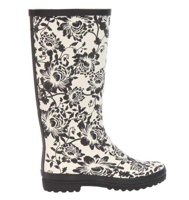 Floral rain boots track in mud