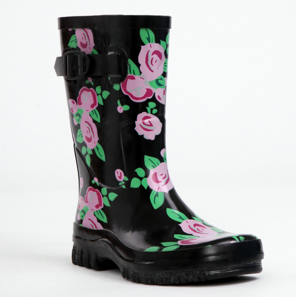 Floral rain boots track in mud