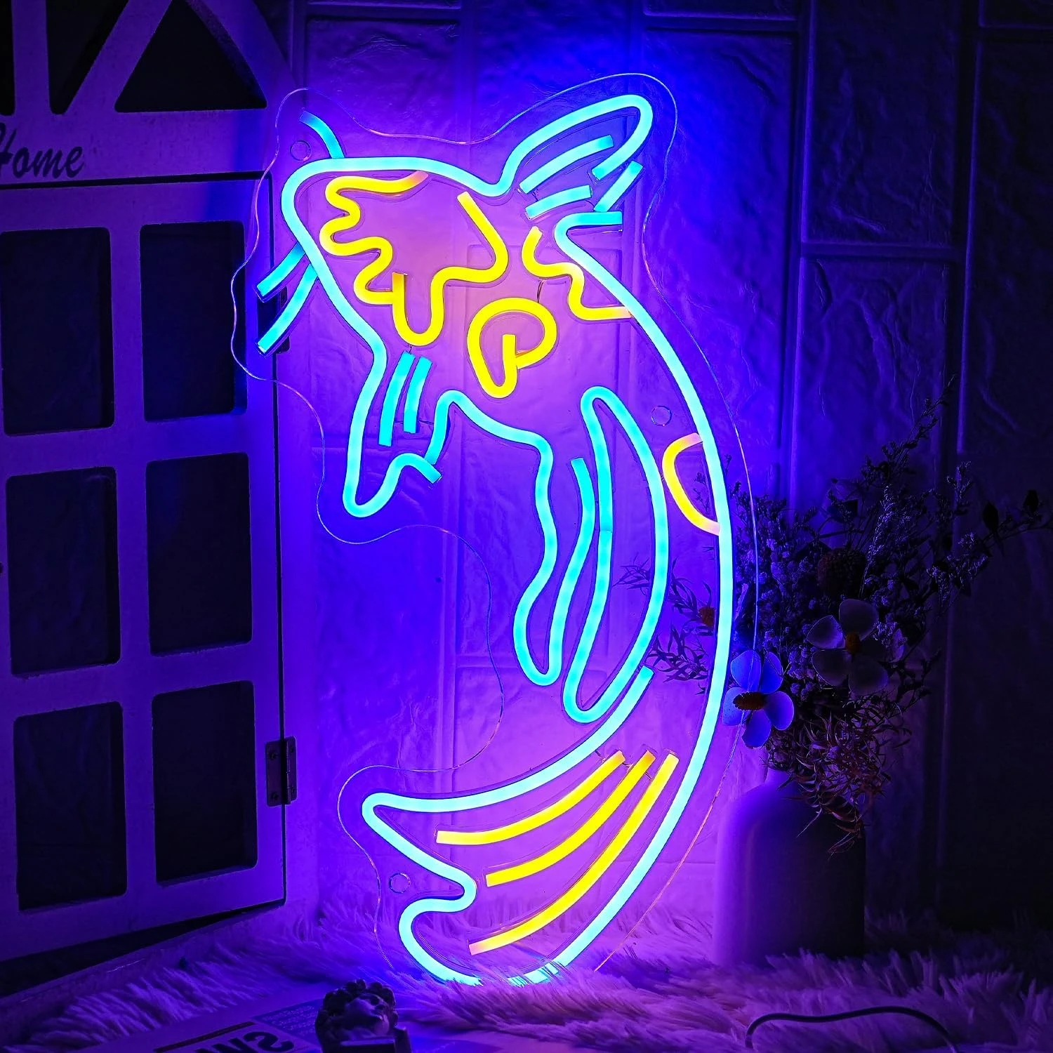 Koi Fish Neon Sign Japanese Fish Led Neon Blue Yellow Fish Neon Signs for Wall Decorwith USB/Switch Dimmable Neon Light Signs