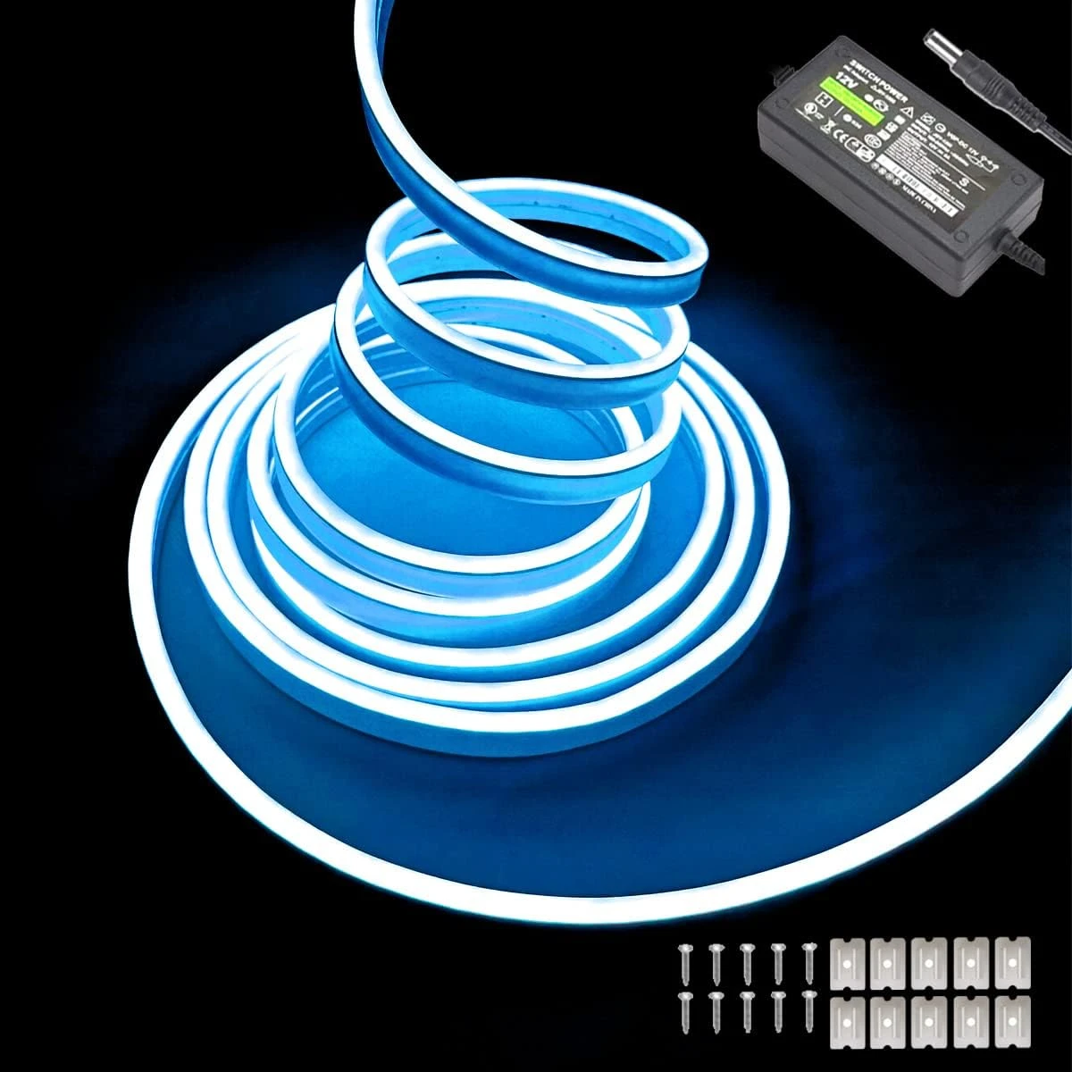 Ice Blue Neon LED Strip Lights, 16.4ft 12V Waterproof Flexible Light for Indoor/Outdoor Decoration