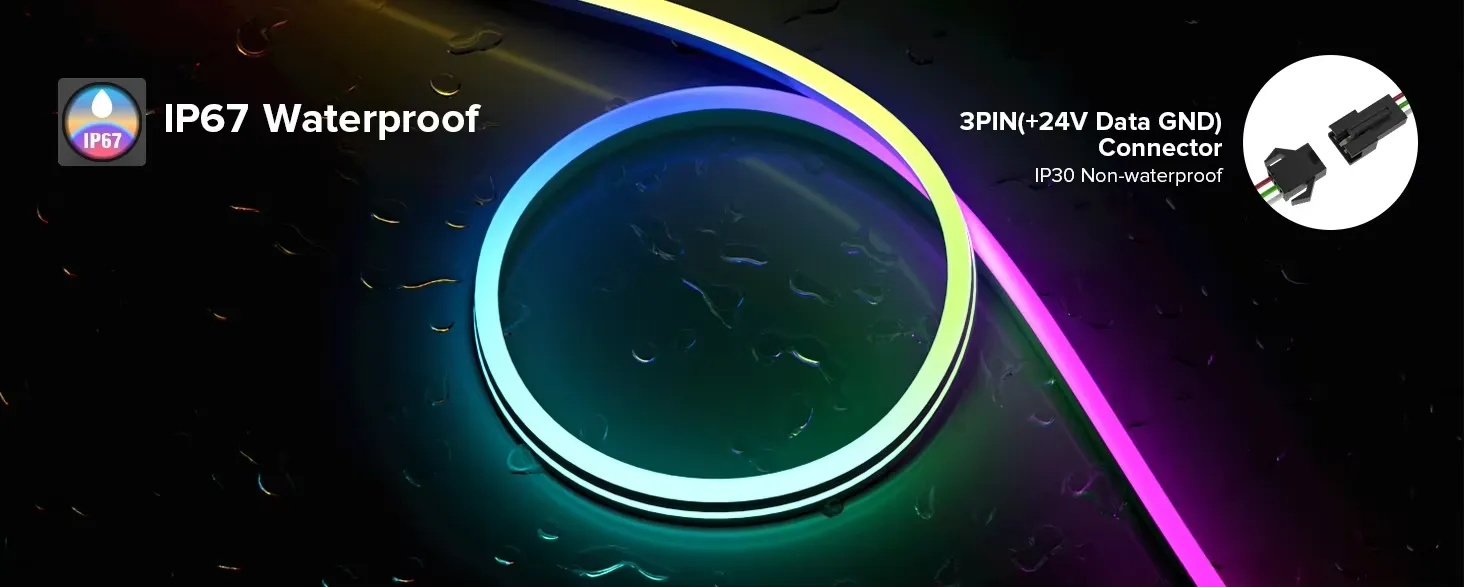 12V Neon LED Strip, RGB Pixel Strip, 6.56ft Flexible IP65 Waterproof Tape, Full Colour, Individually Addressable Smart Light Strips