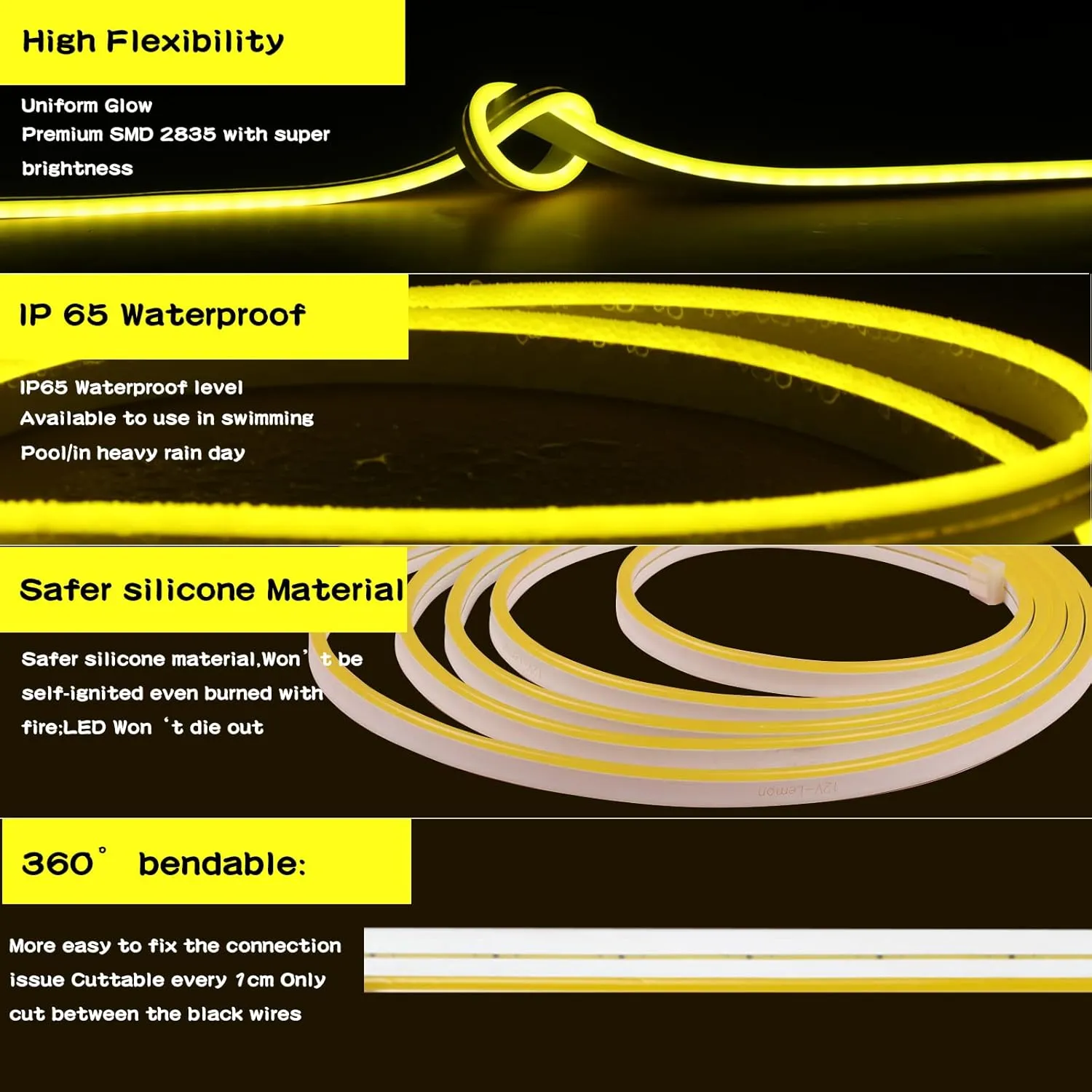 Yellow 12V/16.6ft, Flexible Diffuser, Cuttable & Bendable Waterproof Silicon, for Mood Light, Decor & Sign Custom