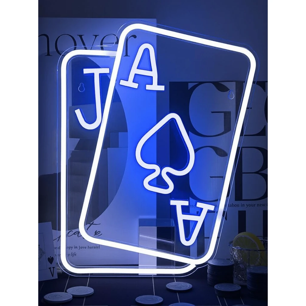 Playing Cards Neon Signs for Wall Decor Poker Teens Led Neon Light Blue White Usb Light Sign for Bedroom Casino Bar Hotel Play Room Birthday Party Decor
