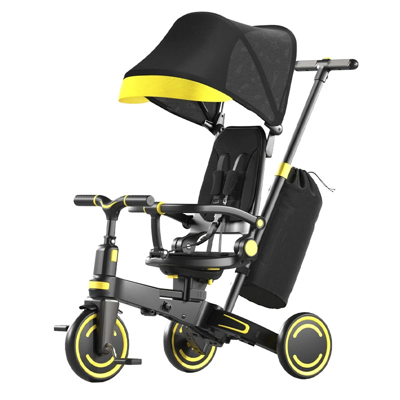 Children's Tricycle with Enlarged Seat and Sunshade, Walking Cart with Storage Basket for Pushing Baby Tricycle