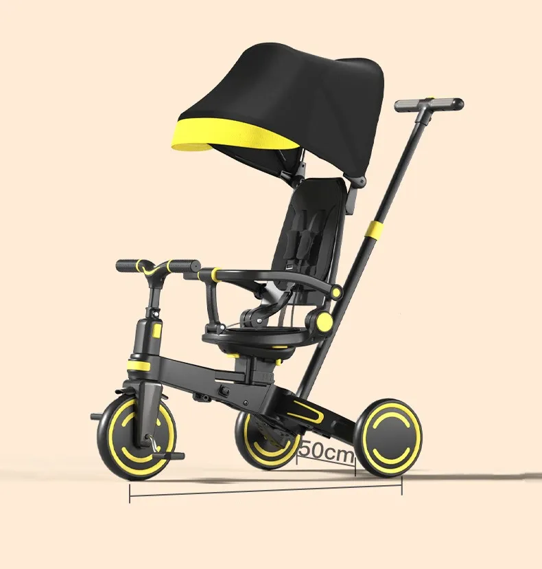 Children's Tricycle with Enlarged Seat and Sunshade, Walking Cart with Storage Basket for Pushing Baby Tricycle