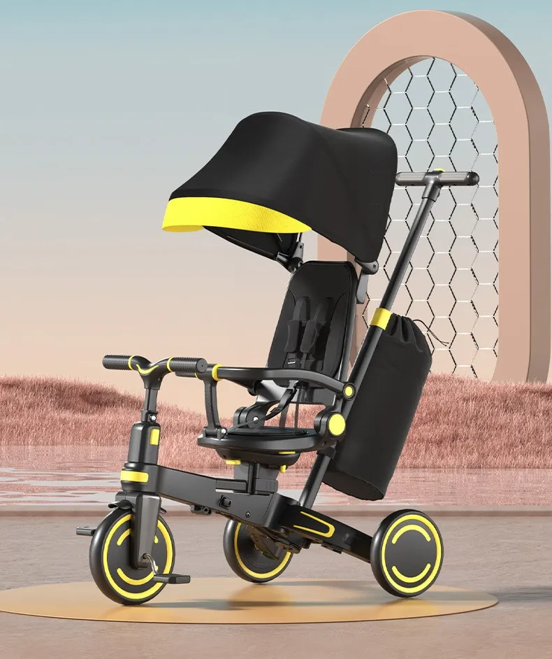 Children's Tricycle with Enlarged Seat and Sunshade, Walking Cart with Storage Basket for Pushing Baby Tricycle