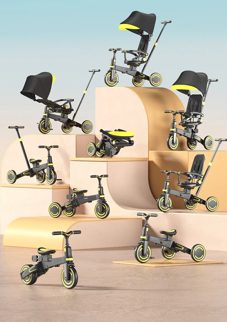 Children's Tricycle with Enlarged Seat and Sunshade, Walking Cart with Storage Basket for Pushing Baby Tricycle