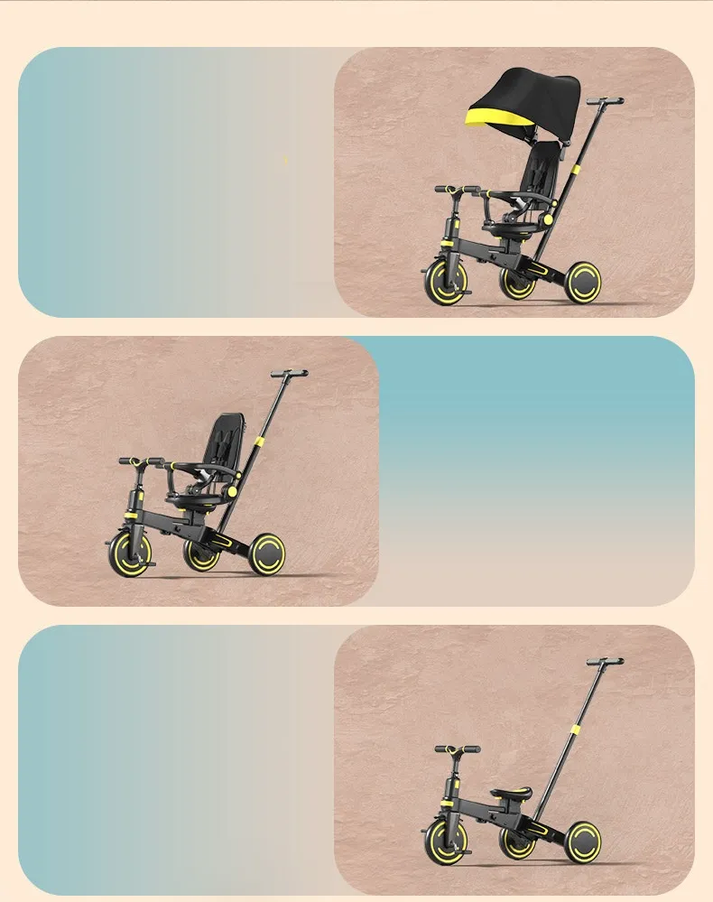 Children's Tricycle with Enlarged Seat and Sunshade, Walking Cart with Storage Basket for Pushing Baby Tricycle