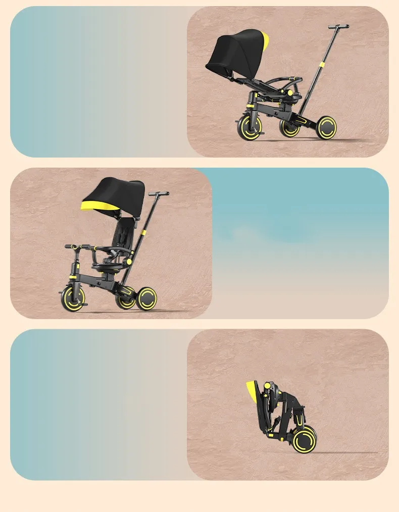Children's Tricycle with Enlarged Seat and Sunshade, Walking Cart with Storage Basket for Pushing Baby Tricycle