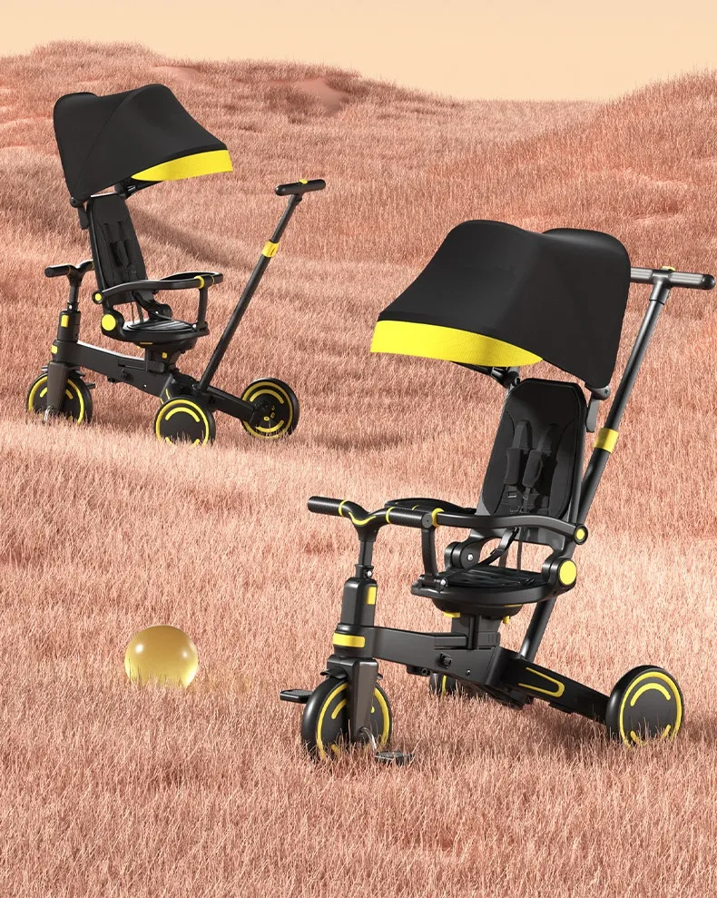 Children's Tricycle with Enlarged Seat and Sunshade, Walking Cart with Storage Basket for Pushing Baby Tricycle