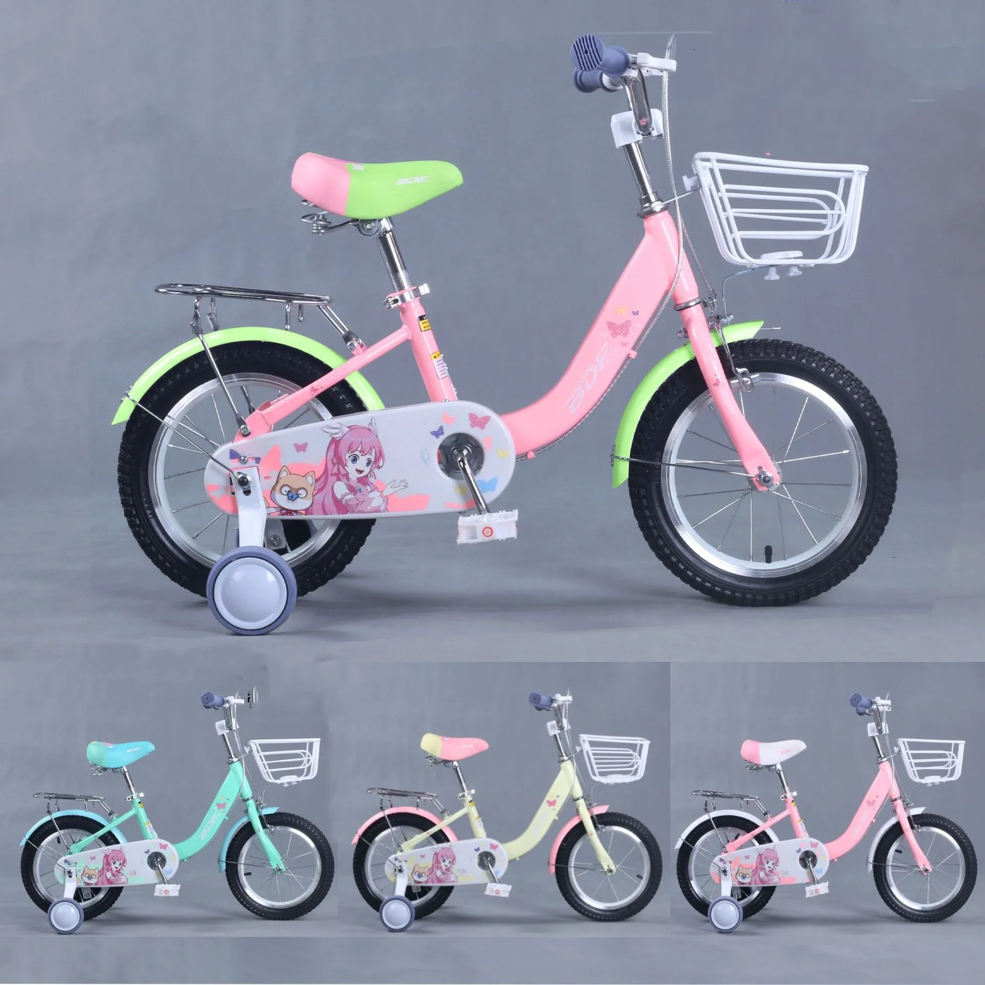 Children's Four Wheeled Bicycle with Auxiliary Wheels and Rear Seat Frame pink Children's Pedal Bicycle