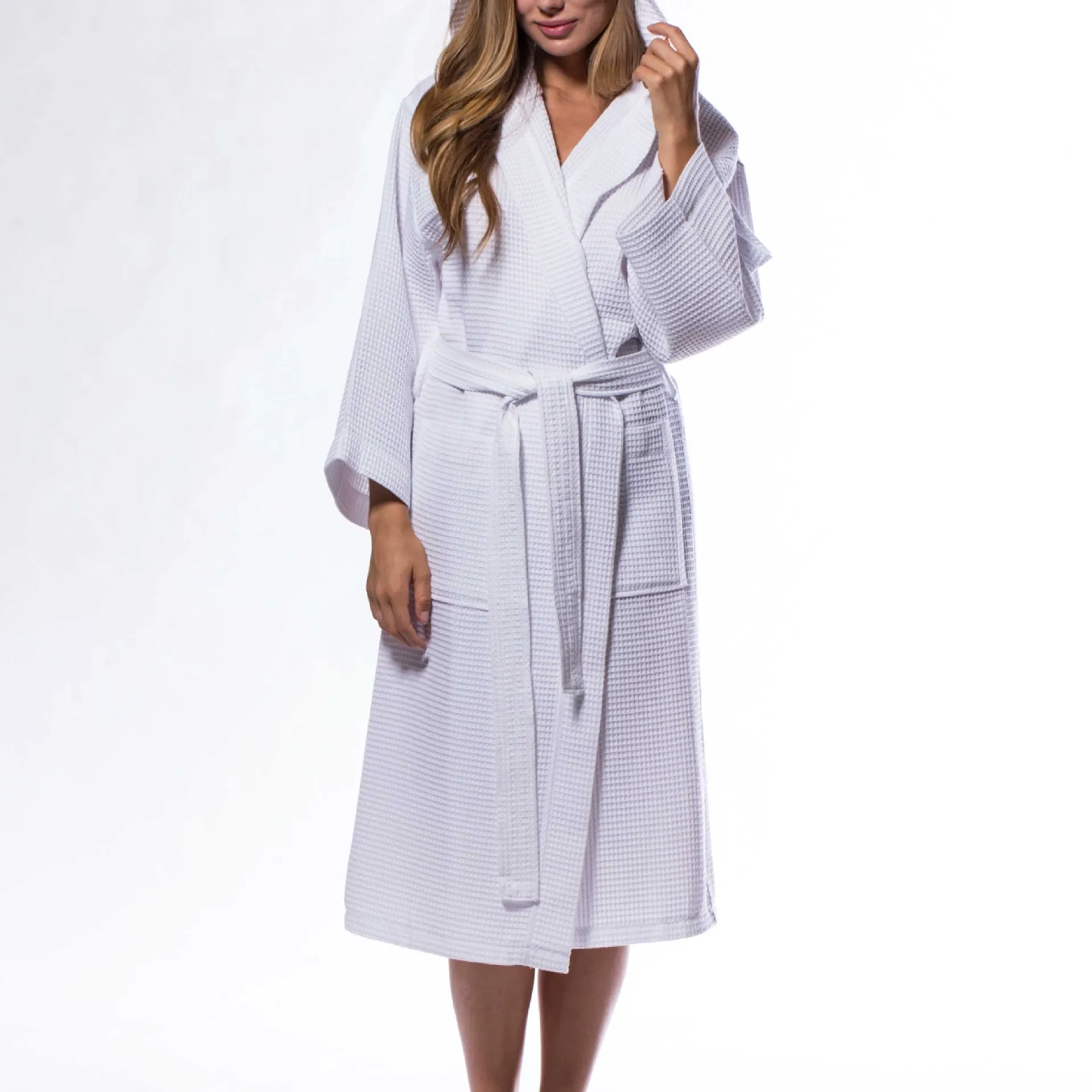 Waffle Hooded Long Robe Square Pattern White