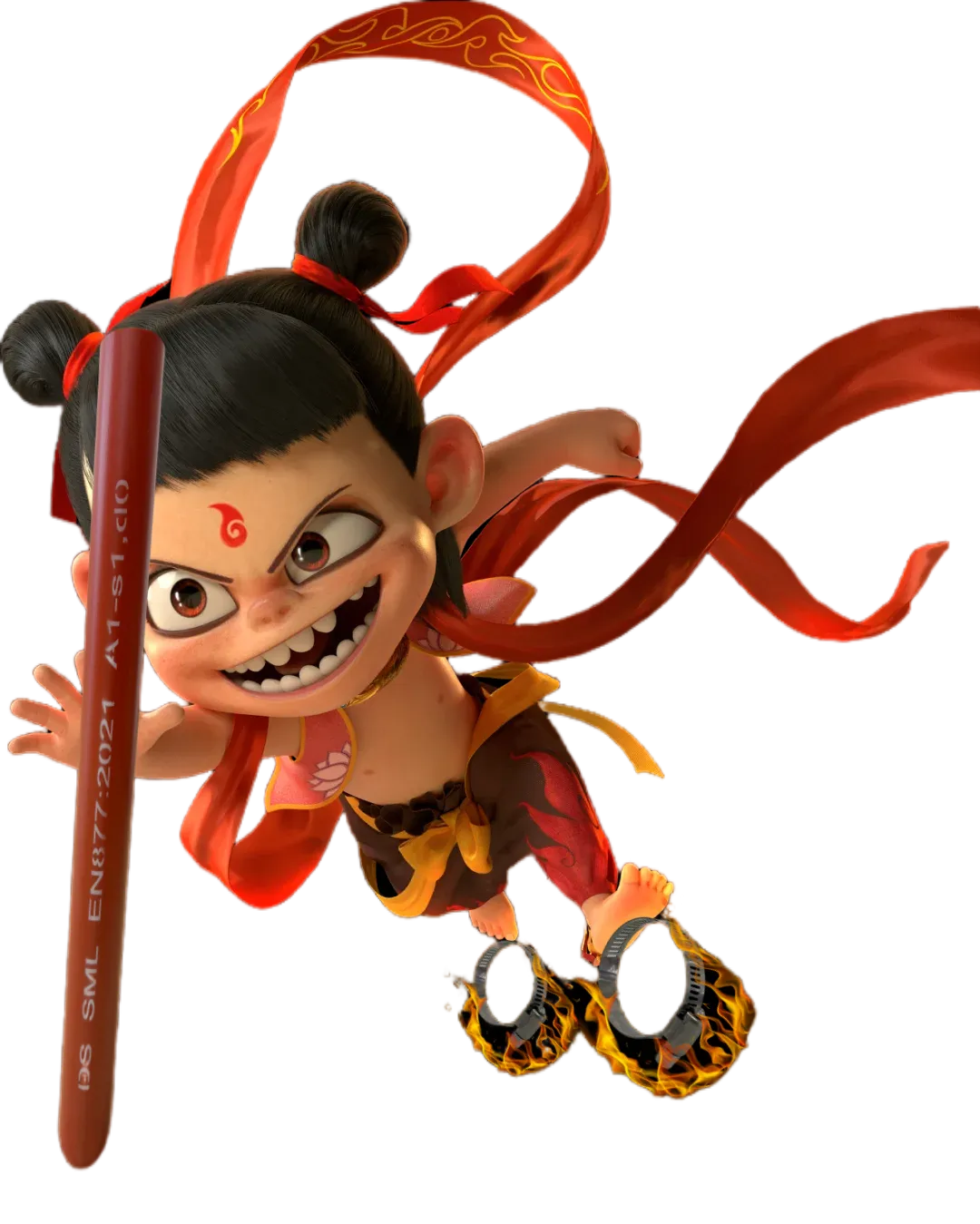 Nezha holding SML pipe and stepping on hose clamps