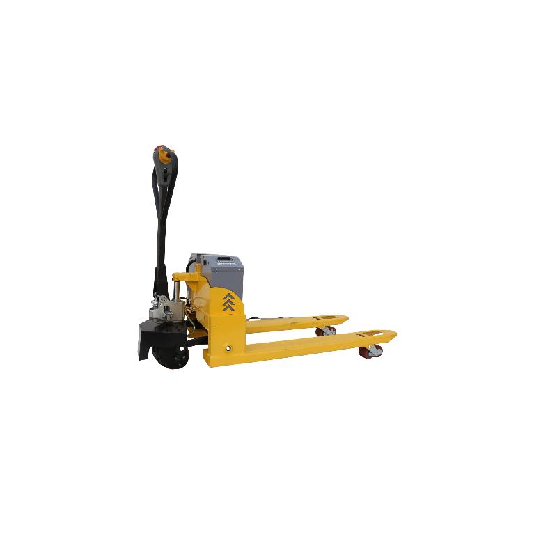 Powered pallet truck for efficient material handling in warehouse and distribution centers.