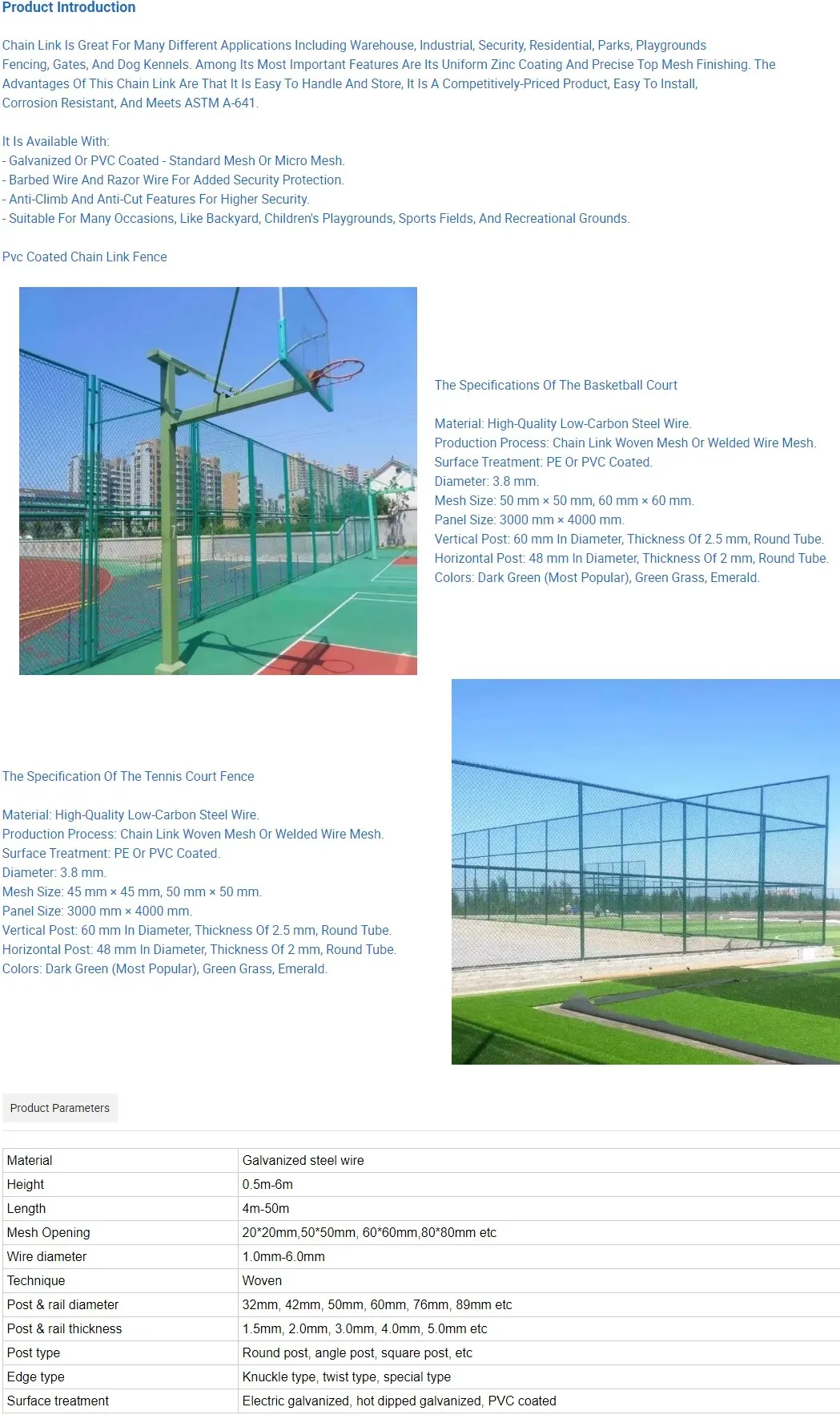 Zhongtai Hot Sale PVC Coated 50*50mm Hole Chain Link Wire Mesh Fence for Basketball Court