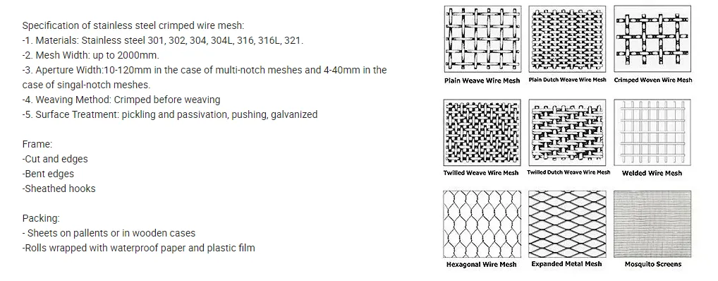 Zhongtai 304 304L 316 316L Mesh Stainless Steel Double Crimped Wire Mesh