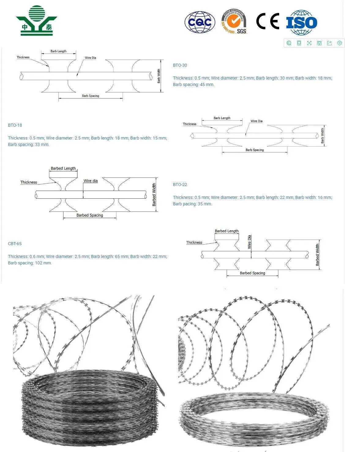 Zhongtai High Quality Barbed Wire Cutter Concertina Razor Barbed Wire