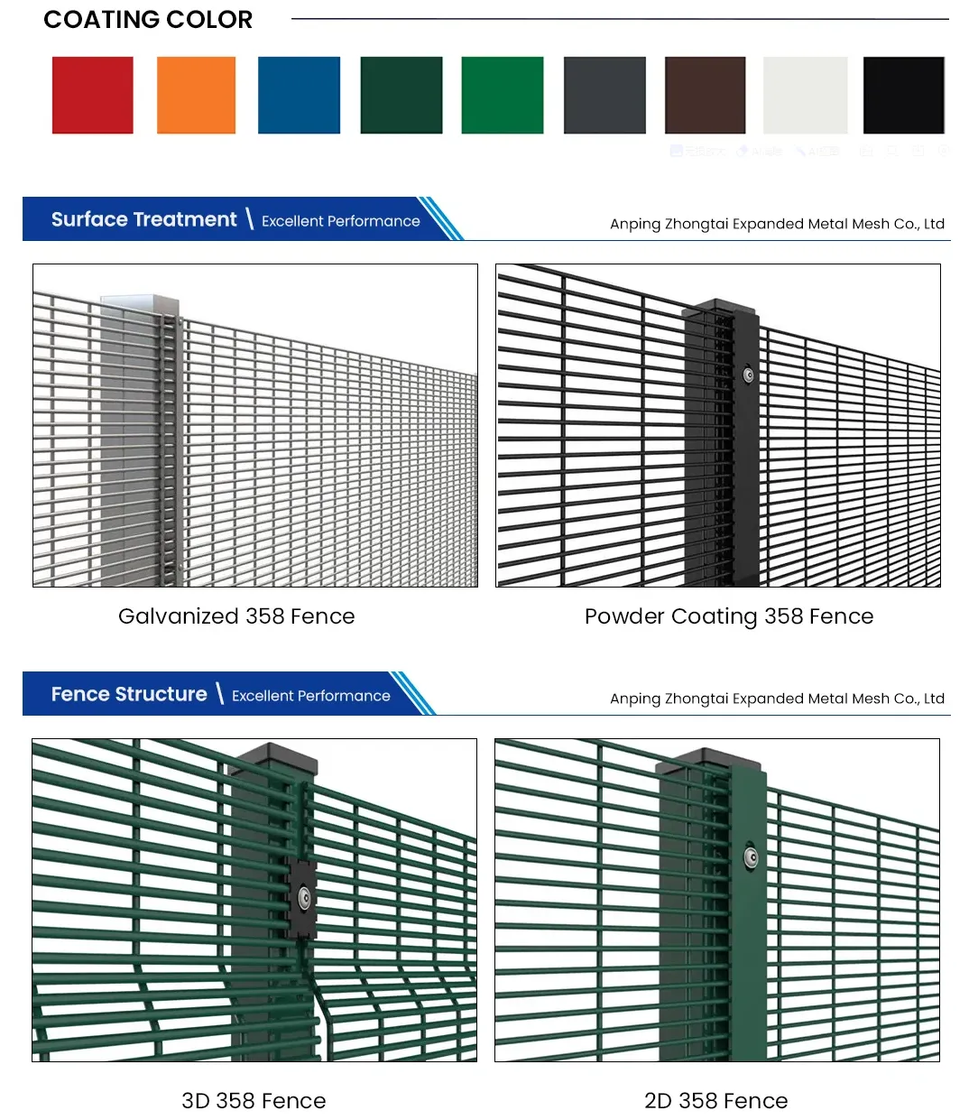 Zhongtai High Security Galavnized /PVC Coated 358 Wire Mesh Fence