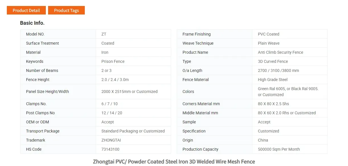 Zhongtai PVC/ Powder Coated Double Edged Steel Iron 3D Welded Wire Mesh Fence