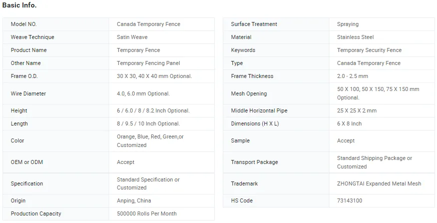 Zhongtai Galvanized Temporary Fence Panels 30 X 30 X 150 mm Exterior Square Steel Rod/Pipe Canada Temporary 6 Foot Fence