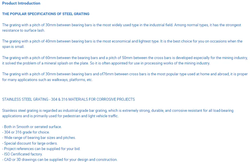 Zhongtai Carbon Steel Bar Grating China Factory Bathroom Shower Grate 2 - 1/4 Inch X 3/16 Inch Heavy Duty Steel Floor Grating