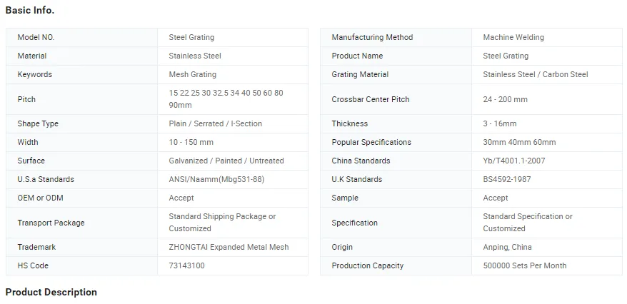 Zhongtai Carbon Steel Bar Grating China Factory Bathroom Shower Grate 2 - 1/4 Inch X 3/16 Inch Heavy Duty Steel Floor Grating