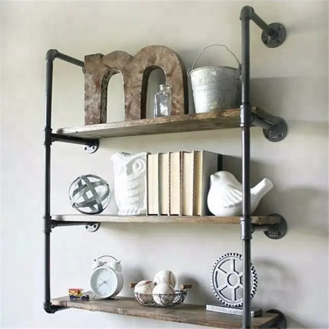 DIY steel pipe industrial shelf wall pipe rack with black floor flange and pipes
