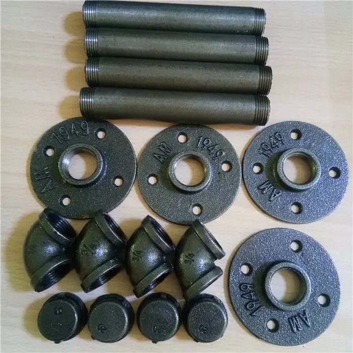 black malleable iron floor flanges are used in vintage pipe furniture