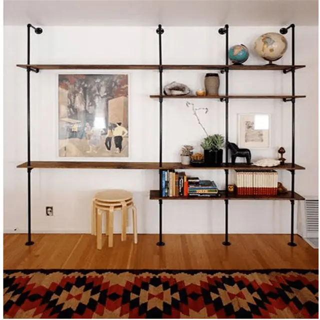 Antique bookcase with black malleable iron floor flange elbow tee coupling