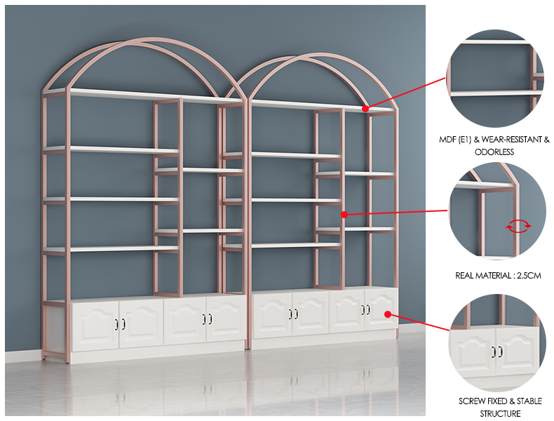 Popular 5-Layer Steel Wood Skincare Wall Display Rack with Cabinet