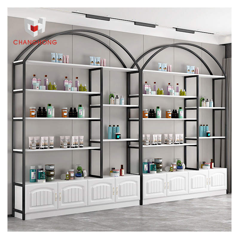 Popular 5-Layer Steel Wood Skincare Wall Display Rack with Cabinet