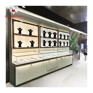 Modern kiosk jewelry shop counter design images wooden glass showcase with cabinet for retail gold shop display