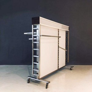 High quality eco- friendly portable two sided retail metal display rack with wheels for garment retail store
