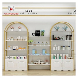China wholesale gold makeup display shelf with cabinet cosmetic store display stand for skin care beauty shop