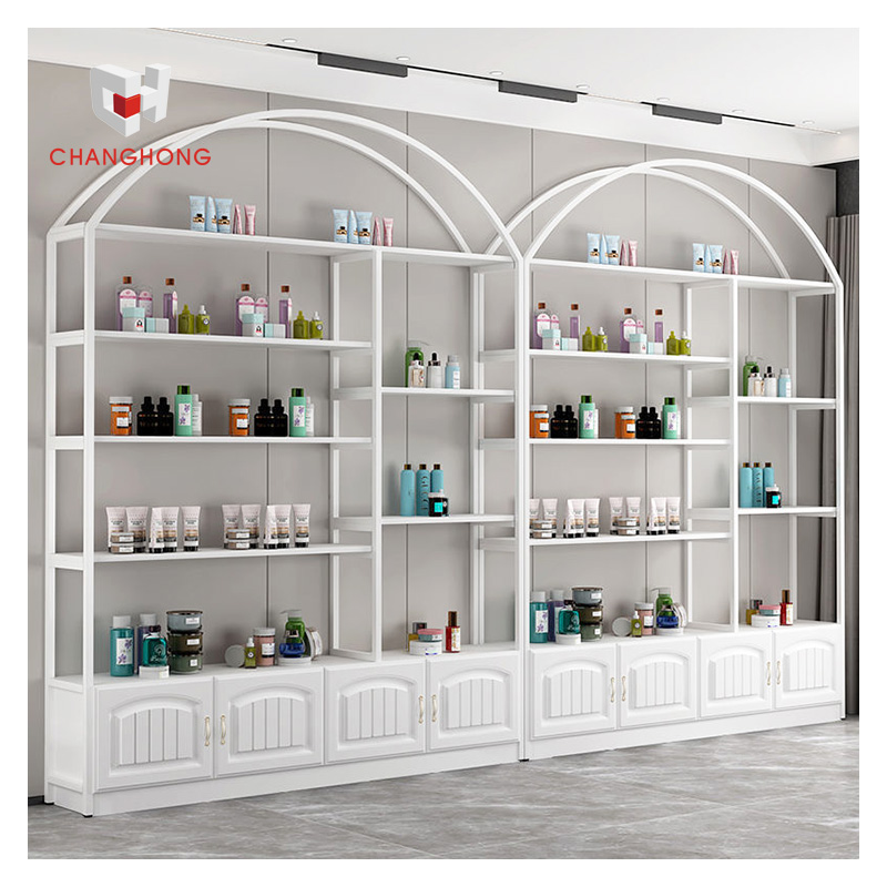 Popular 5-Layer Steel Wood Skincare Wall Display Rack with Cabinet