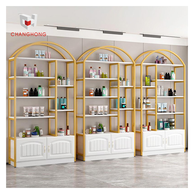 Popular 5-Layer Steel Wood Skincare Wall Display Rack with Cabinet