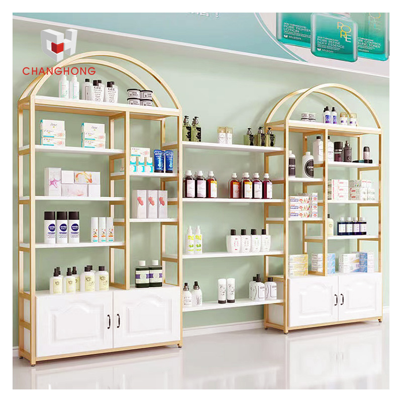 Popular 5-Layer Steel Wood Skincare Wall Display Rack with Cabinet
