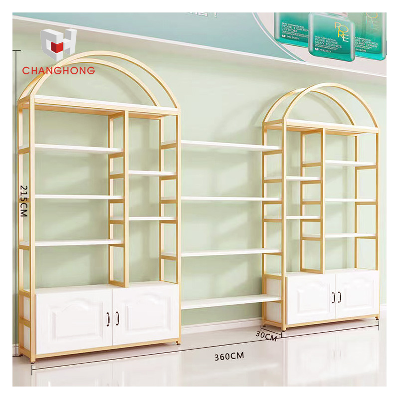 Popular 5-Layer Steel Wood Skincare Wall Display Rack with Cabinet