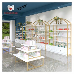 Popular 5 layers skincare products wall display rack steel wood perfume shop cosmetic display shelving with cabinet
