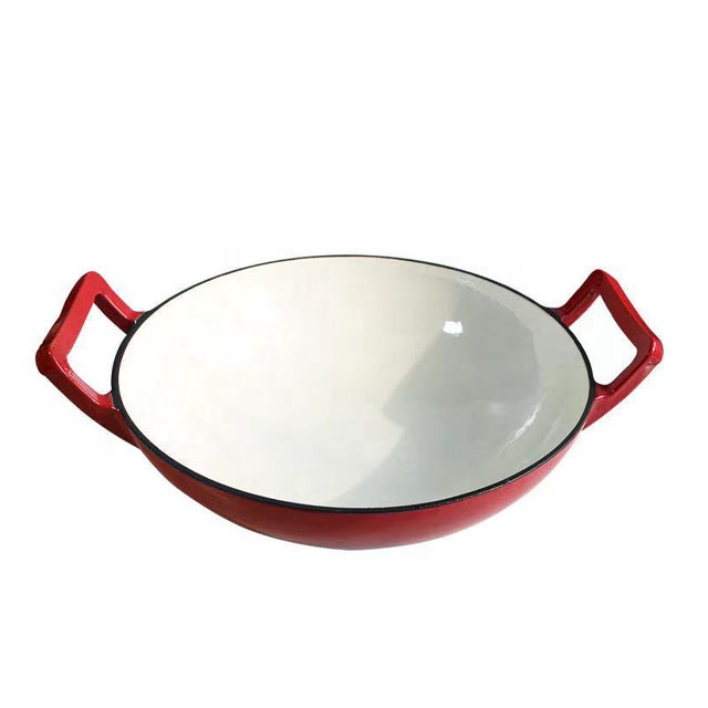 36 CM Cast Iron Enamel Wok Cast Iron Cookware with Two Loop Handle and Wooden Lid