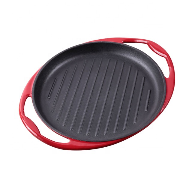 ENAMELED CAST IRON 10 INCH ROUND GRILL PAN, RED