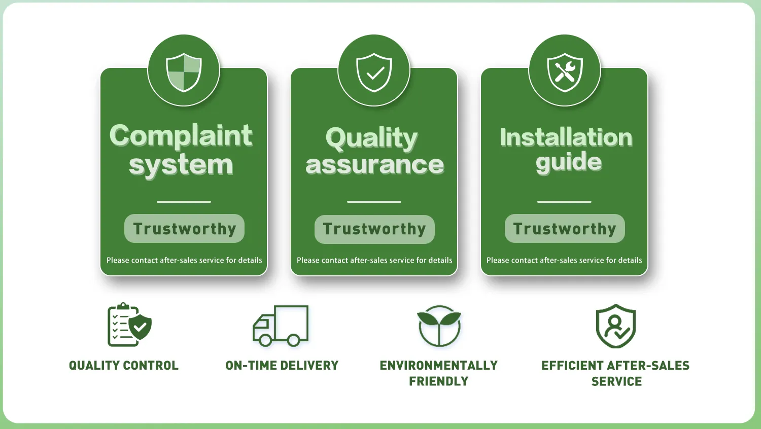 JHY's after-sales system includes quality complaint, quality assurance, installation guidance and many other processes. To our partners, we can patiently explain any questions about product details, installation and use. And we always keeping executing production tasks strictly in accordance with or above contract standards. Futhermore, we respond quickly and effectively to any issues reported by partners and provide solutions. We are responsible for all problems caused by our own reasons. Operating with honesty and trustworthiness is our promise to all partners. Join us, making cooperation more secure.