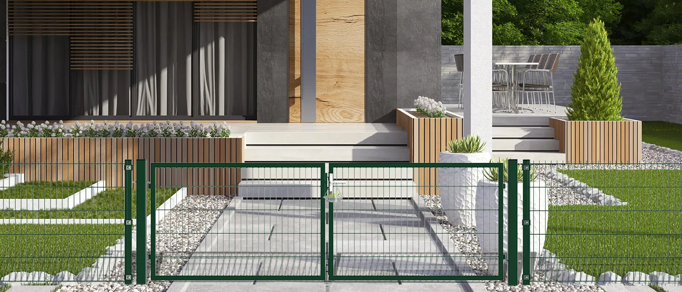 2D MESH FENCING GARDEN GATES WIDTH 300CM & HEIGHT 100CM GREEN & GREY SQUARE POST & FRAME