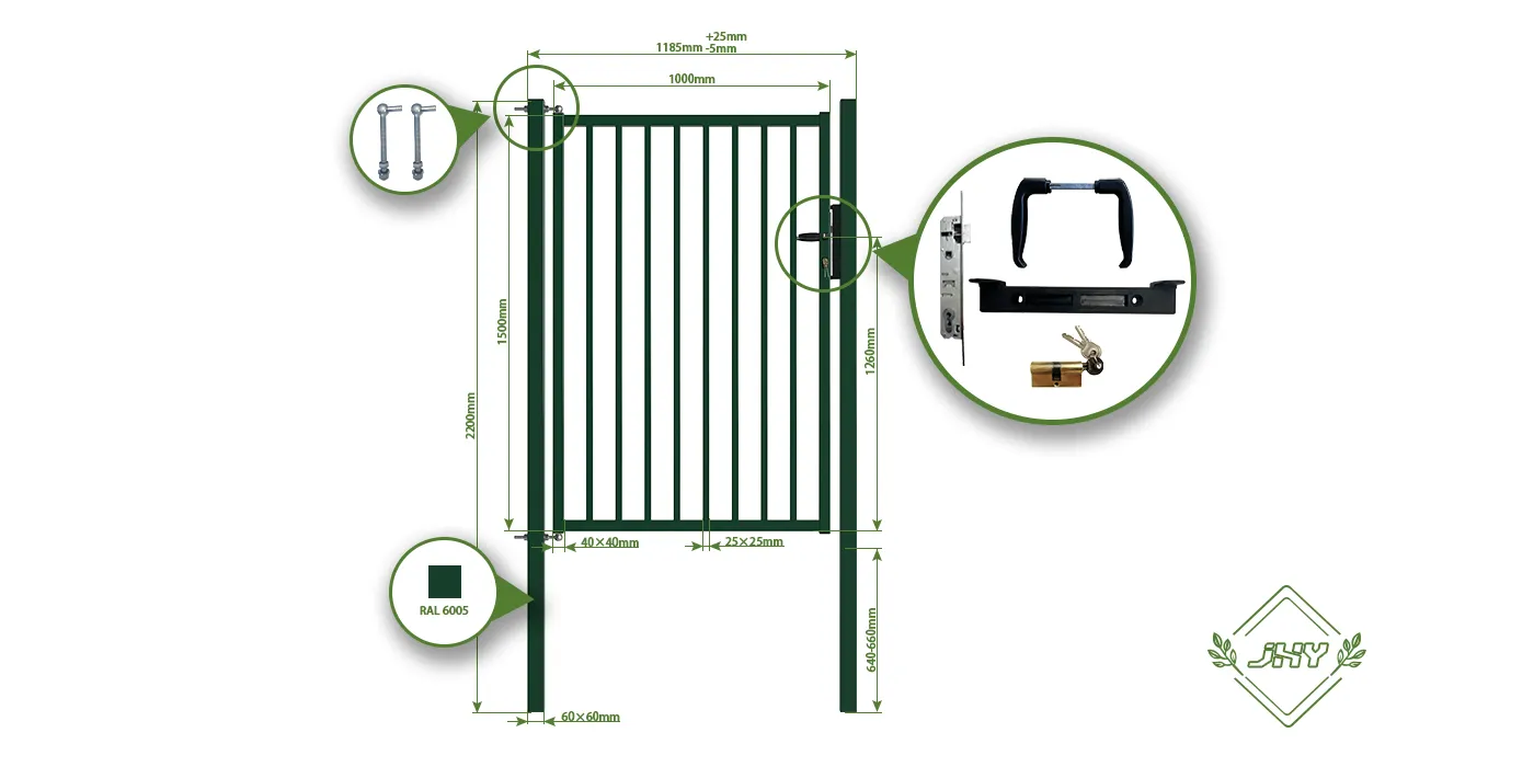 TUBULAR GARDEN GATE WIDTH 100CM & HEIGHT 150CM GREEN & GREY SQUARE POST & FRAME