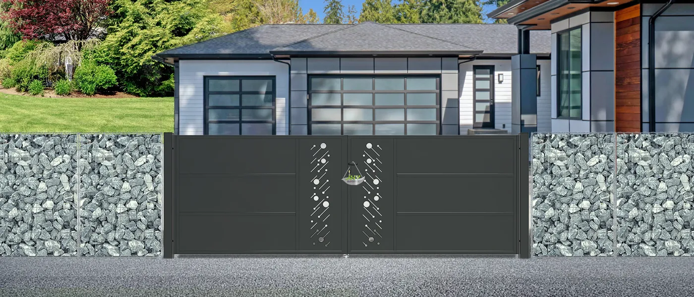 CNC STEEL GATE STARRY WIDTH 400CM & HEIGHT 140CM BLACK SQUARE POST & FRAME