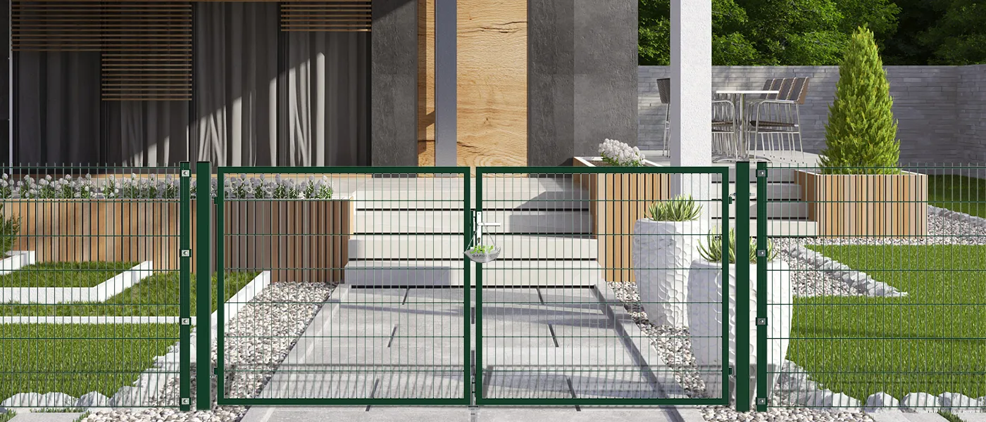 6/5/6 2D MESH FENCING GARDEN GATES WIDTH 300CM & HEIGHT 140CM GREEN & GREY SQUARE POST & FRAME