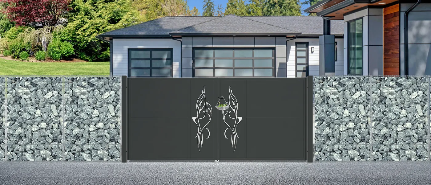 CNC OUTDOOR IRON GATE TRANQUILITY WIDTH 300CM & HEIGHT 140CM BLACK SQUARE POST & FRAME