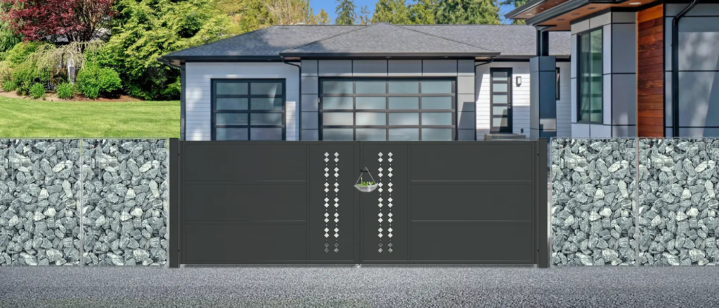 CNC STEEL GATE ESSENCE WIDTH 400CM & HEIGHT 140CM BLACK SQUARE POST & FRAME