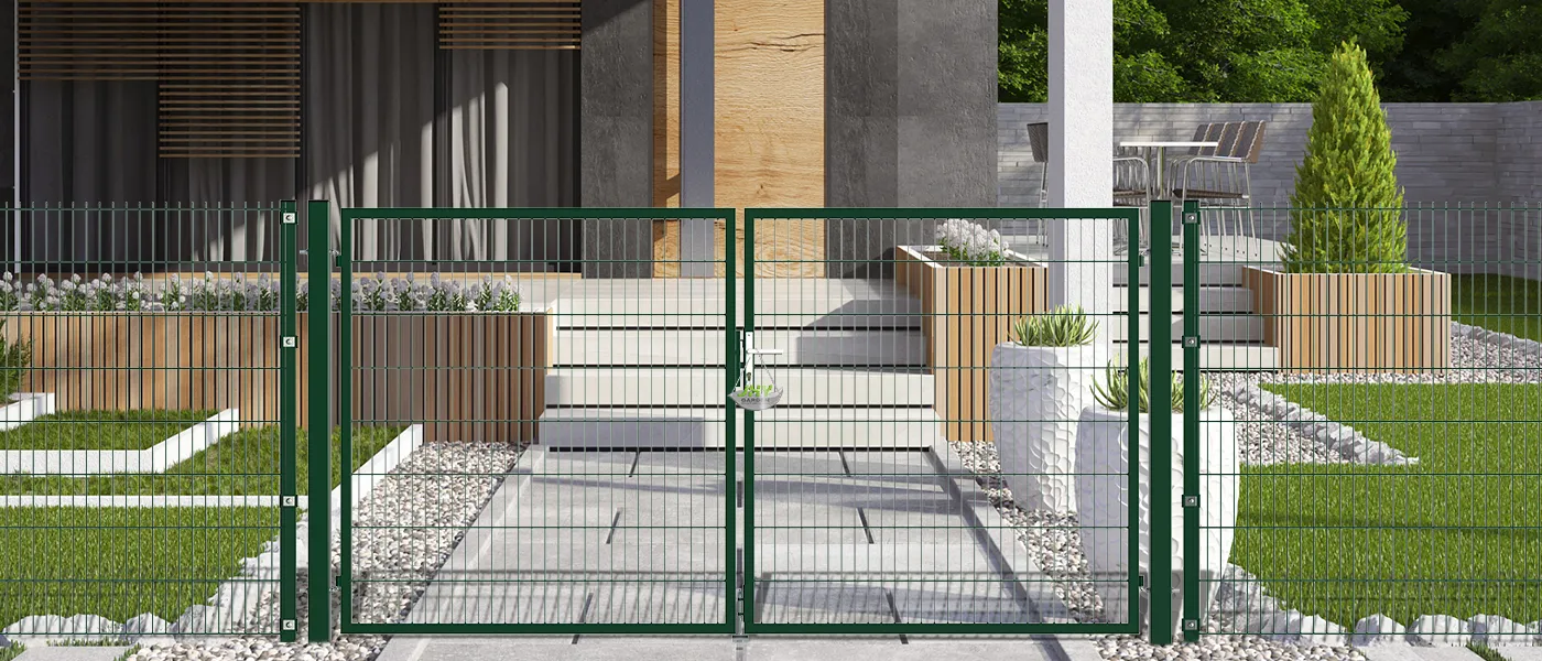 6/5/6 2D MESH FENCING GARDEN GATES WIDTH 300CM & HEIGHT 160CM GREEN & GREY SQUARE POST & FRAME